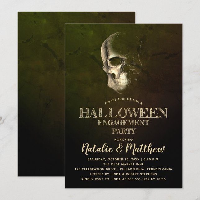 Eerie Night Skull Halloween Engagement Party Invit Invitation (Front/Back)