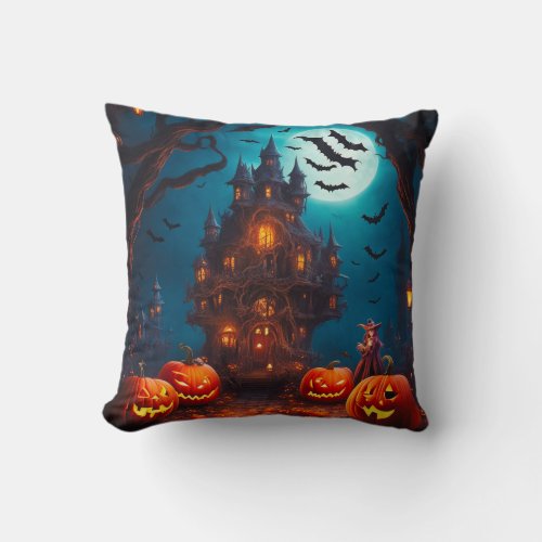 Eerie Nightfall Fantasies Spooky Castle Throw Pillow
