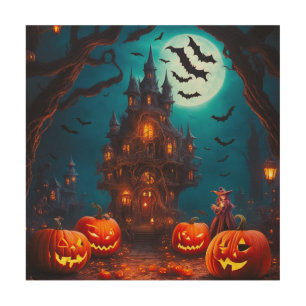Eerie Nightfall Fantasies: Spooky Castle Wood Wall Art