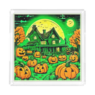 Eerie Nightfall: Halloween Cartoon Pumpkin Patch Acrylic Tray