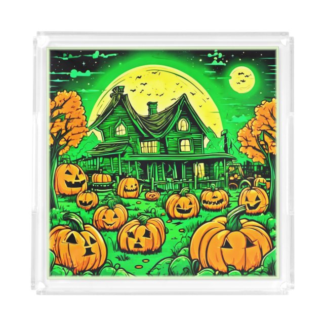Eerie Nightfall: Halloween Cartoon Pumpkin Patch Acrylic Tray (Front)