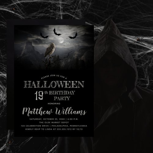 Eerie Owl Bats Night Halloween 19th Birthday Party Invitation