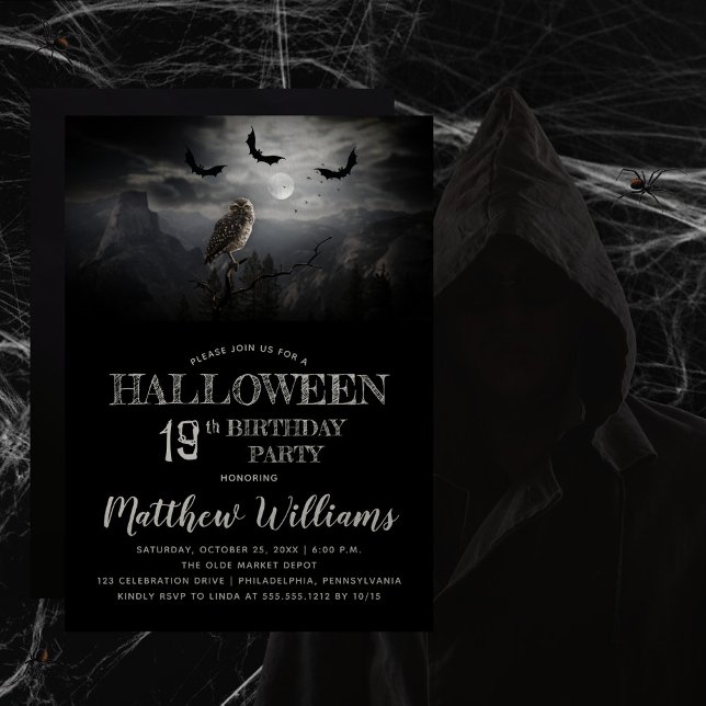Eerie Owl Bats Night Halloween 19th Birthday Party Invitation (Beware the erie creepy, spooky night -- owl and bats Halloween-themed 19th Birthday Party design.  )
