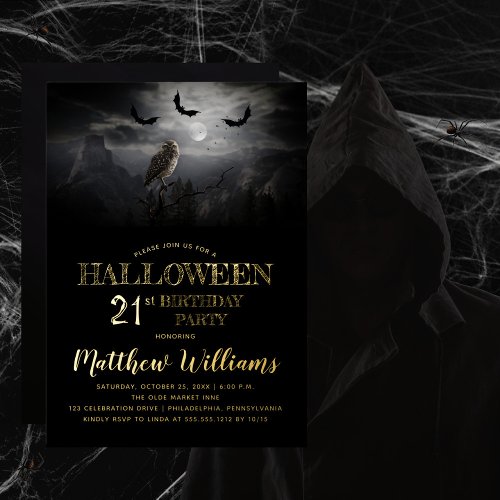 Eerie Owl Bats Night Halloween 21st Birthday Party Foil Invitation