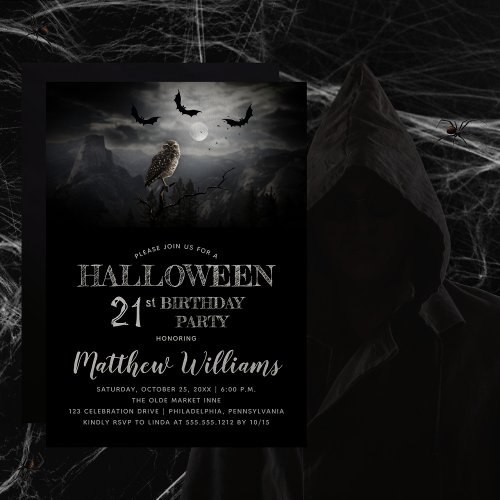 Eerie Owl Bats Night Halloween 21st Birthday Party Invitation
