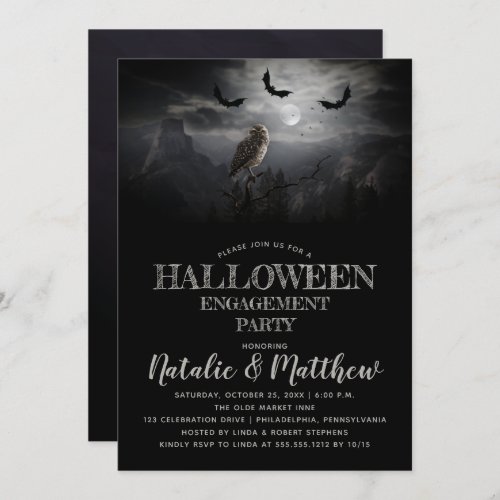 Eerie Owl  Bats Night Halloween Engagement Party  Invitation