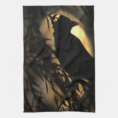 Eerie Raven Silhouette Against A Glowing Moon Kitchen Towel