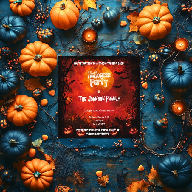 Eerie Red Halloween Party - Glowing Moon & Jacks Invitation (Creator Uploaded)