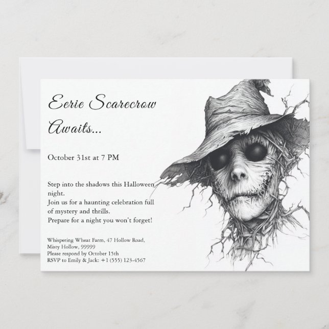 Eerie Scarecrow Halloween Invitation Black & White (Front)