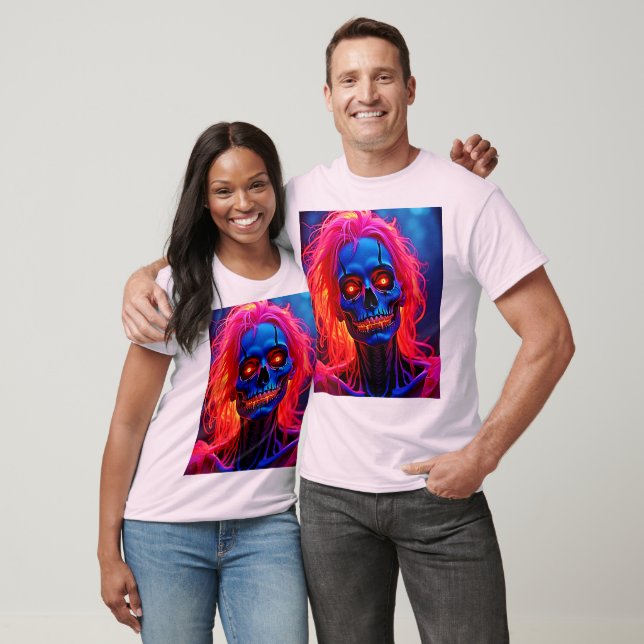 Eerie Skeleton with Pink Hair Design T-Shirt (Unisex)