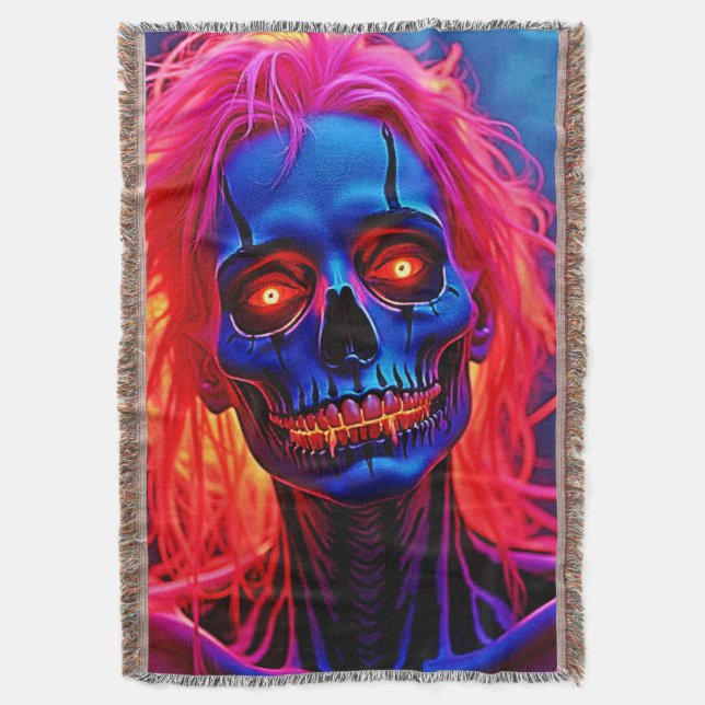 Eerie Skeleton with Pink Hair Design Throw Blanket (Front Vertical)