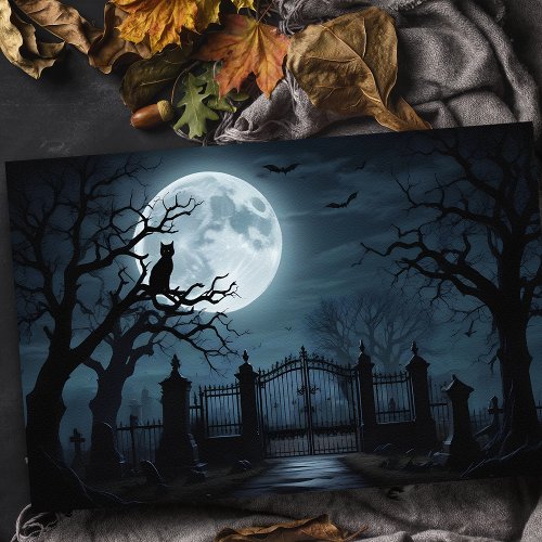 Eerie Spooky Graveyard with Full Moon  Black Cat Tissue Paper