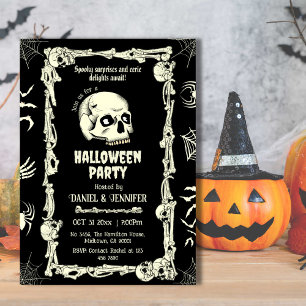 Eerie spooky skull skeletal bats spider Halloween Invitation