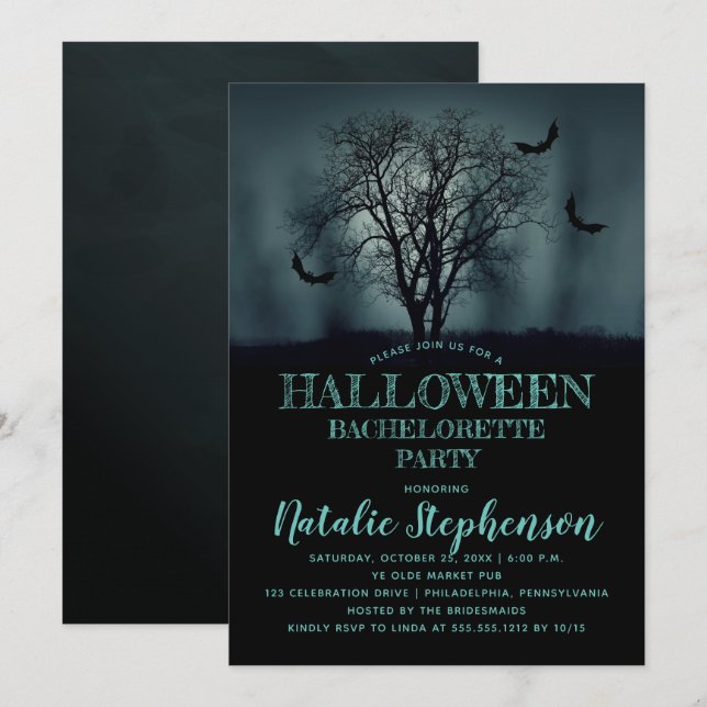 Eerie Tree Bats Night Halloween Bachelorette Party Invitation (Front/Back)