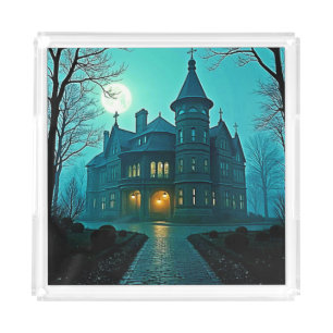 Eerie Victorian Mansion Moonlight Acrylic Tray