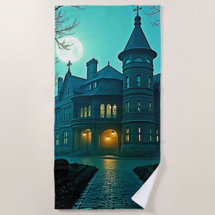 Eerie Victorian Mansion Moonlight Beach Towel