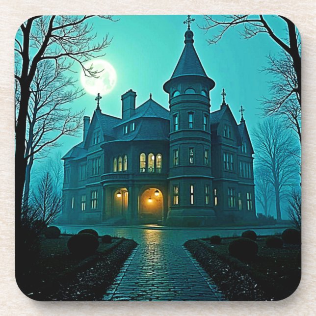 Eerie Victorian Mansion Moonlight Beverage Coaster (Front)