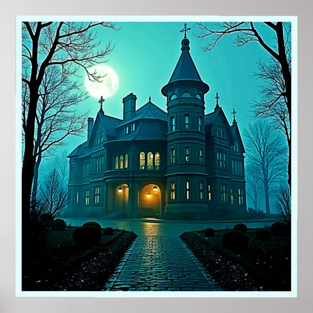 Eerie Victorian Mansion Moonlight Poster (Front)
