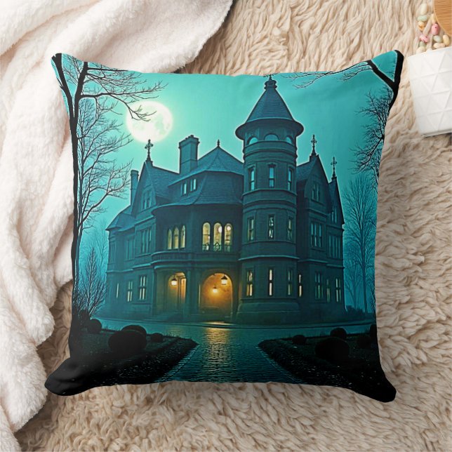 Eerie Victorian Mansion Moonlight Throw Pillow (Blanket)