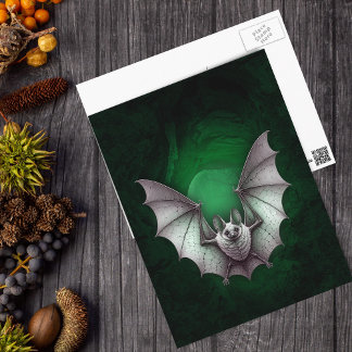 Eerie White Bat Green Glowing Cave on Black Postcard