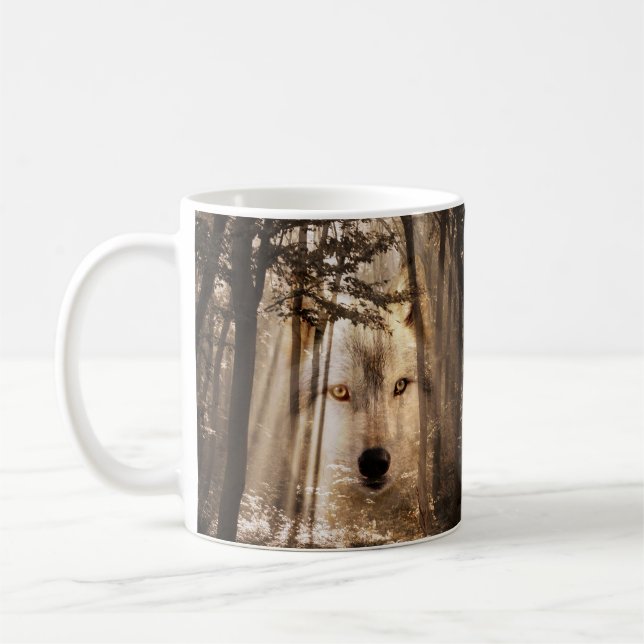 Eerie wolf face in the woods coffee mug (Left)