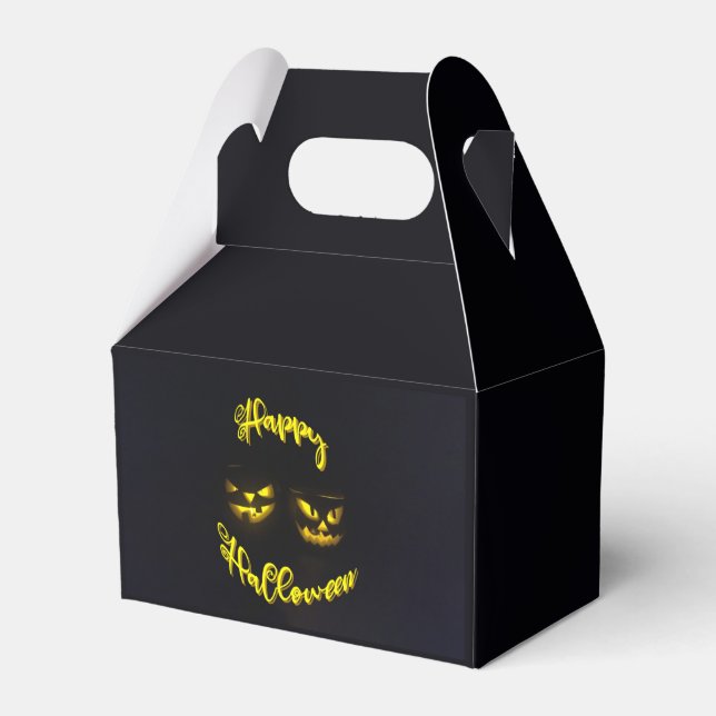 Eerie yellow glow Happy Halloween pumpkins, black Favor Boxes (Front Side)