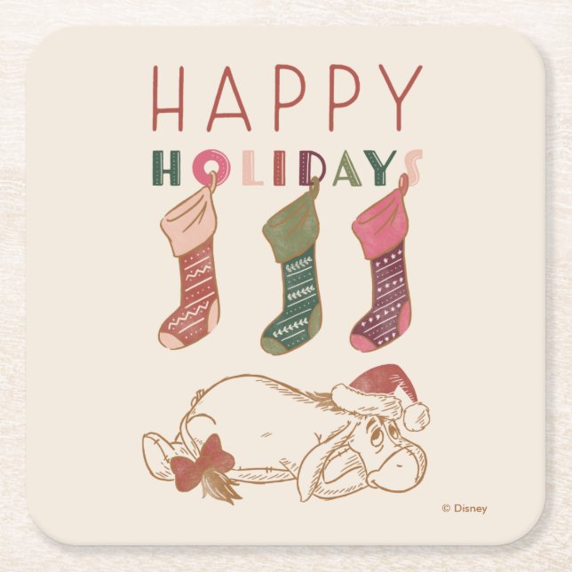 Eeyore | Happy Holidays Square Paper Coaster (Front)