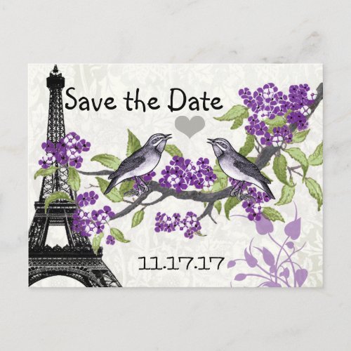 Effiel Tower Vintage Love Bird Save the Date Announcement Postcard