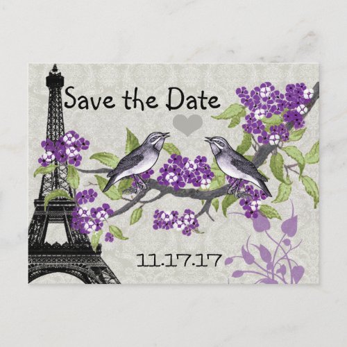 Effiel Tower Vintage Love Bird Save the Date Announcement Postcard