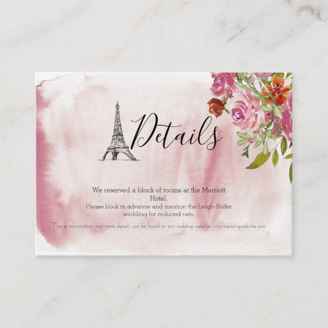 Effiel Tower Watercolor Wedding Details Card (Front)