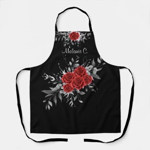Effortless Elegance Black  White with Red Roses Apron