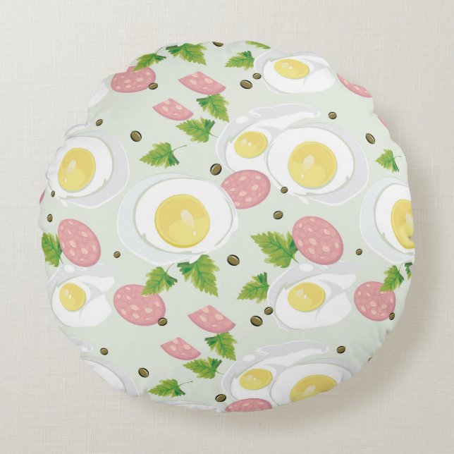 Egg and Sausage Pattern Round Pillow (Front)