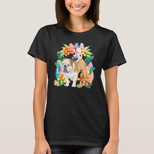 Egg Basket Rabbit Riding English Bulldog Happy Eas T-Shirt (Front)