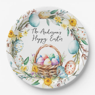 Egg basket with decorative eggs I floral Easter Paper Plates
