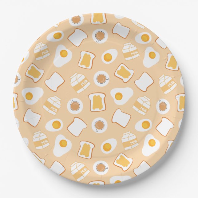 Egg, Bread, Milk, Coffee Breakfast Pattern Paper Plates (Front)
