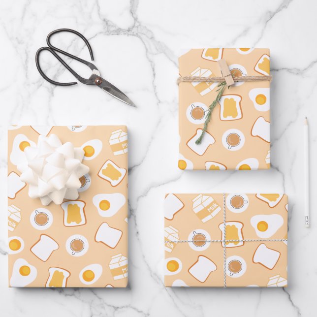 Egg, Bread, Milk, Coffee Breakfast Pattern Wrapping Paper Sheets (Front)