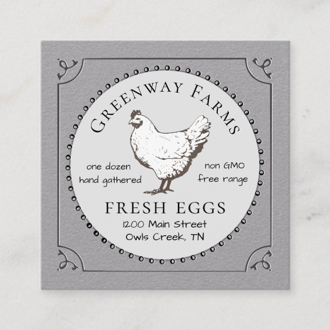 Egg Carton Gray Farm Fresh Eggs with Vintage Hen Square Business Card (Front)