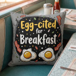 Egg-cited for Breakfast Funny Foodie Pun Design Throw Pillow<br><div class="desc">Start your morning with a smile with this playful "Egg-cited for Breakfast" design, perfect for food lovers and brunch enthusiasts alike. Featuring a charming hand-drawn style, this artwork showcases two sunny-side-up eggs alongside crispy bacon strips, all set against a whimsical backdrop of scattered seasonings and vibrant typography. The warm yellow...</div>
