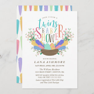 Egg & Colorful Feathers Twins Baby Shower Invitation