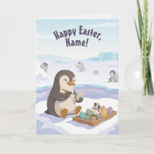Egg Decorating Penguins   Personalised Easter Holiday Card