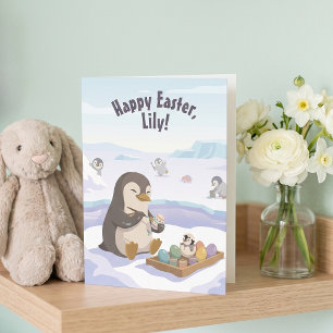 Egg Decorating Penguins Personalized Easter Holiday Card