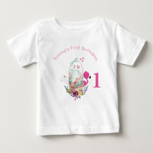 Egg Flamingo and Bunny First Birthday Baby T_Shirt