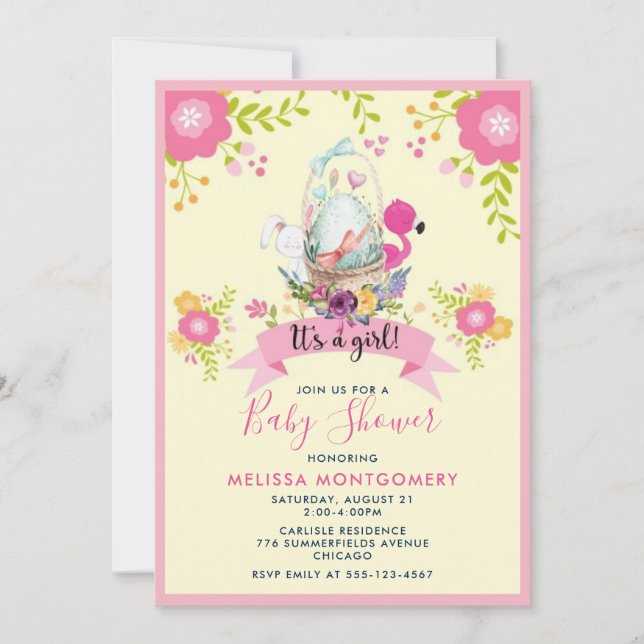 Egg, Flamingo, Bunny and Flowers Baby Shower Invitation (Front)