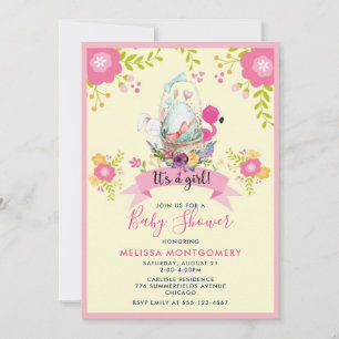 Egg, Flamingo, Bunny and Flowers Baby Shower Invitation