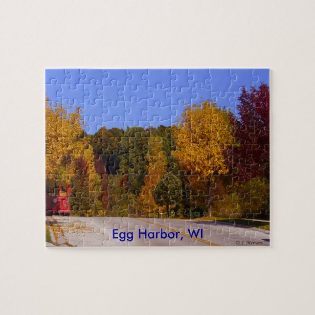 Egg Harbor, WI Fall Season with Trolley Car Jigsaw Puzzle (Horizontal)