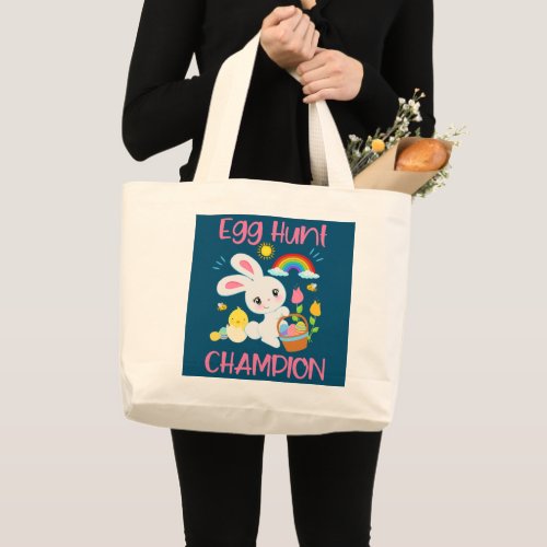 EGG HUNT CHAMPION Funny Easter Bunny Prize Cute Large Tote Bag