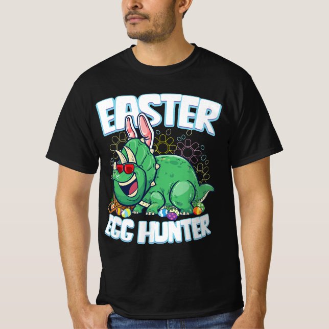 Egg Hunter Easter Dinosaur Bunny Boys Triceratops T-Shirt (Front)