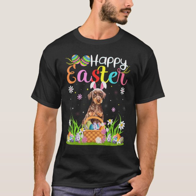 Egg Hunting Bunny Doberman Pinscher Dog Happy East T-Shirt (Front)