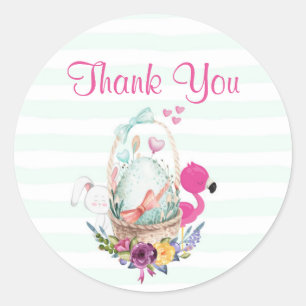 Egg in a Basket with Flamingo and Bunny Thank You Classic Round Sticker