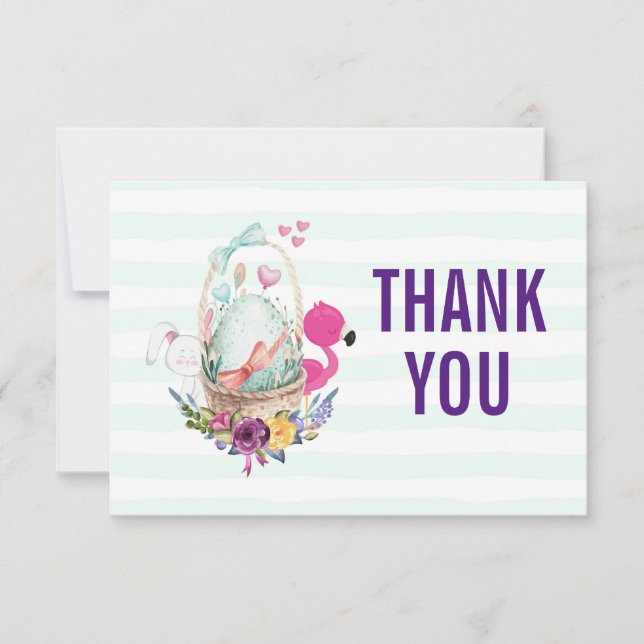 Egg in a Basket with Flamingo and Bunny Thank You Invitation (Front)